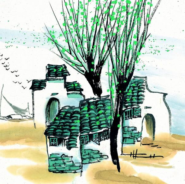 水彩画江南水乡的夏天