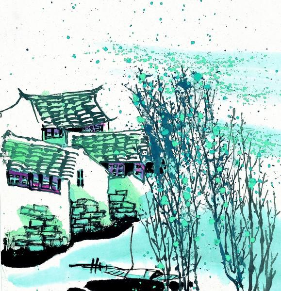 江南水乡夏季彩墨画