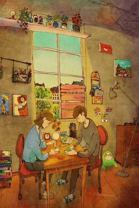 两个人相守手绘手机壁纸