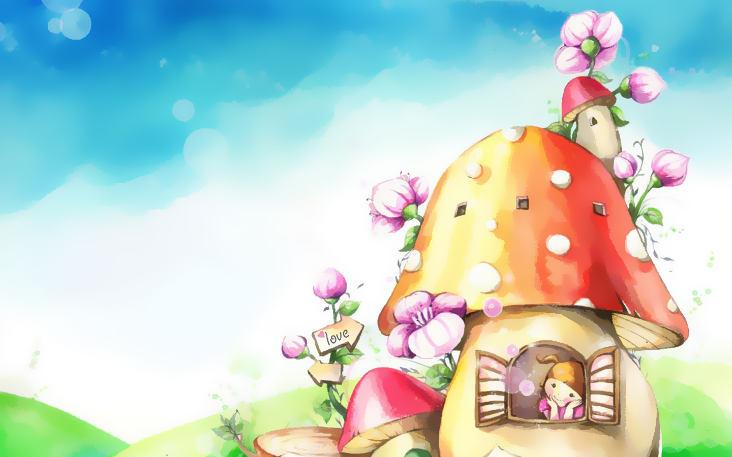 唯美春天蘑菇房卡通壁纸