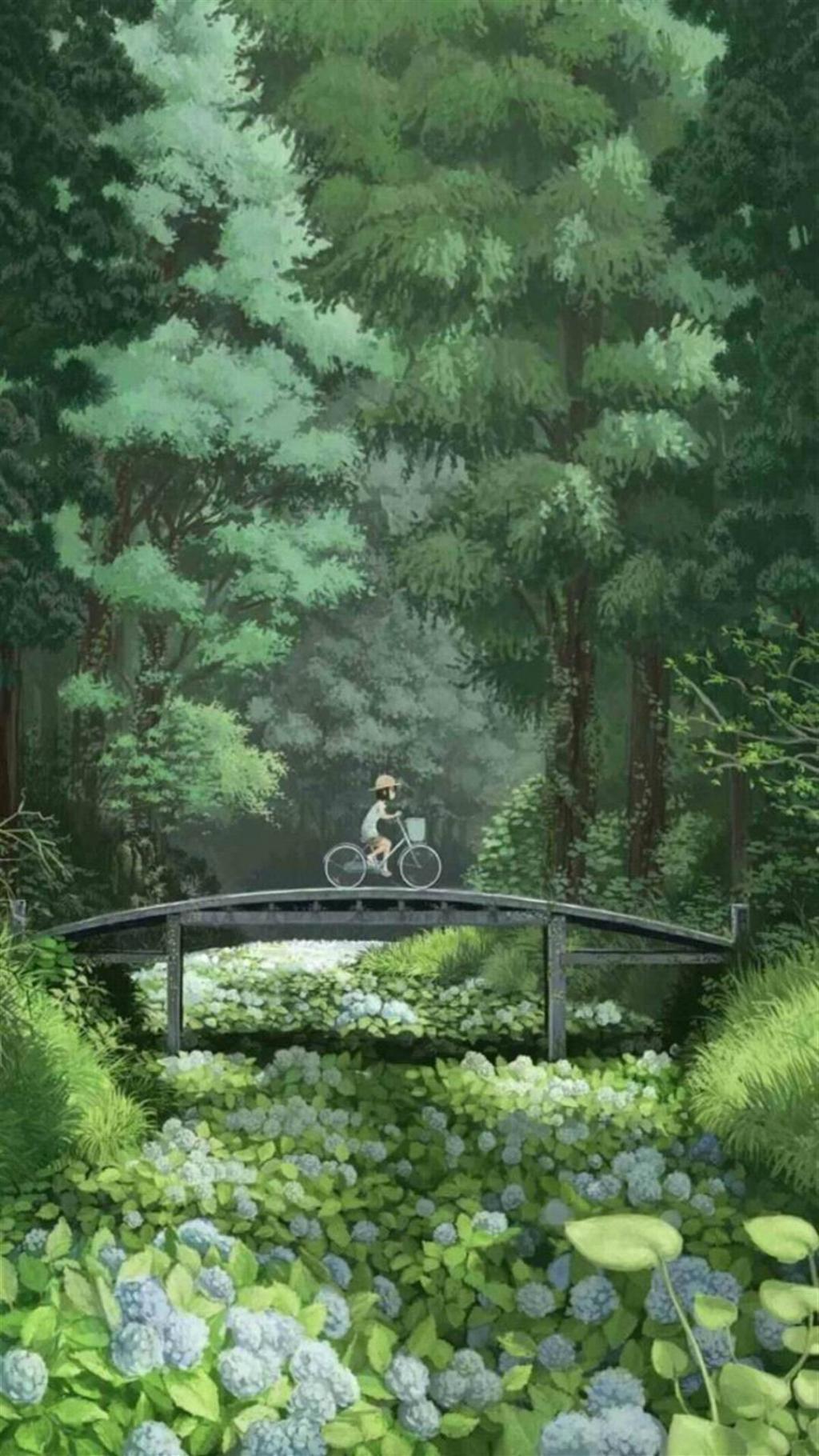 手绘绿色森林插画