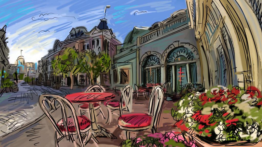 手绘速描城市建筑风光