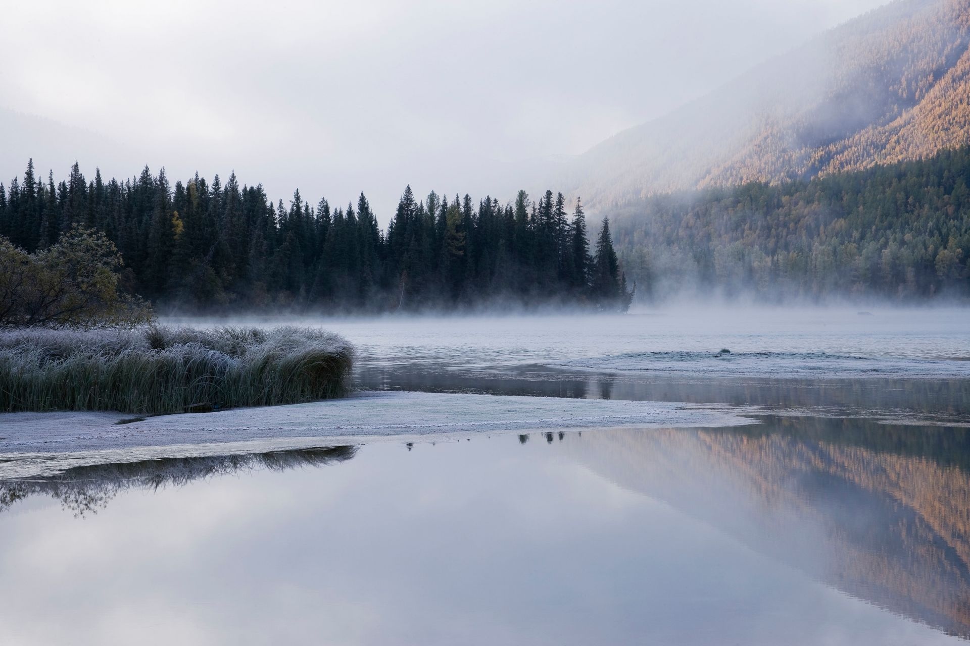 水气环绕的湖光山色
