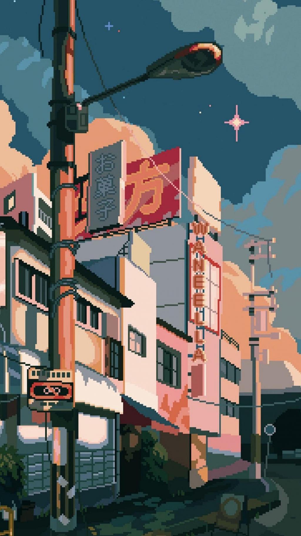 复古像素风格精致城市风景手绘