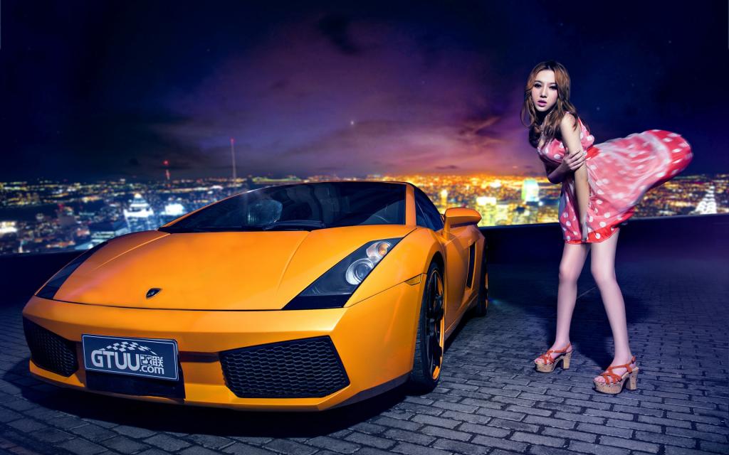 红唇女郎兰博基尼写真壁纸