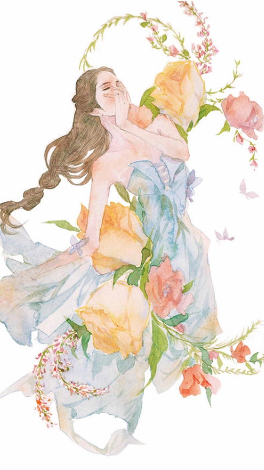 水彩鲜花与美人