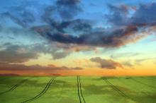 田园上空飘着红霞云朵