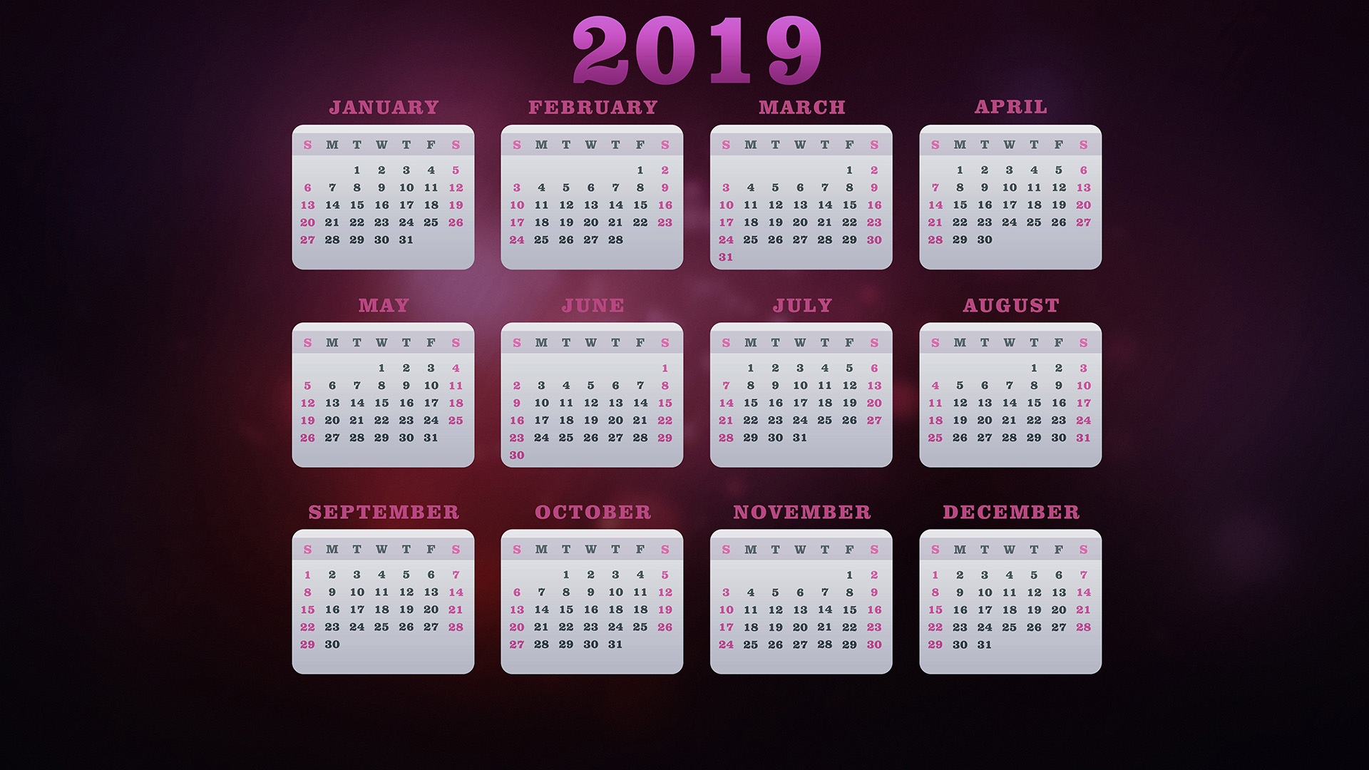 2019年1-12月创意日历