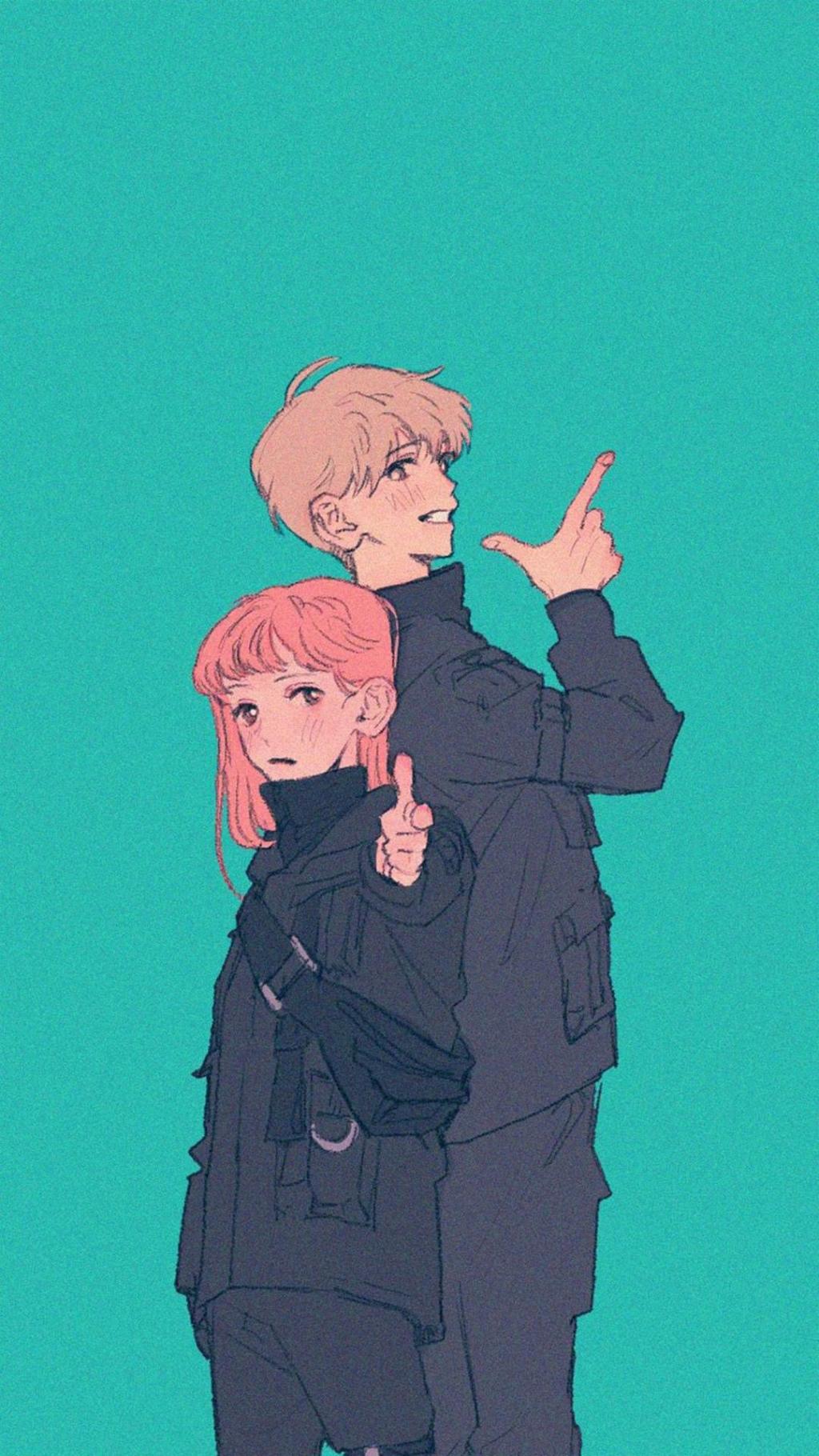 情侣专属复古风动漫手绘插画