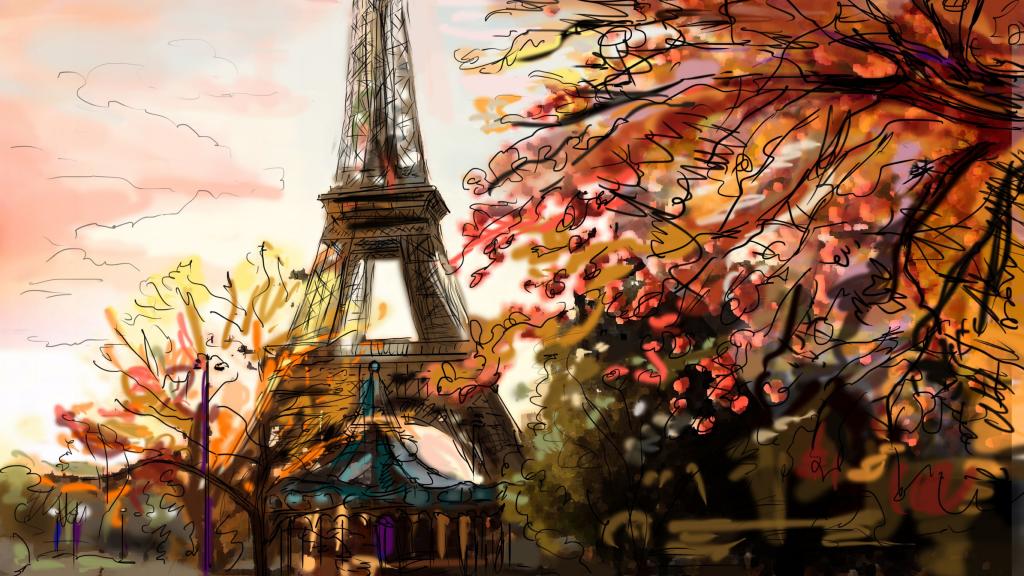 手绘速描城市建筑风光