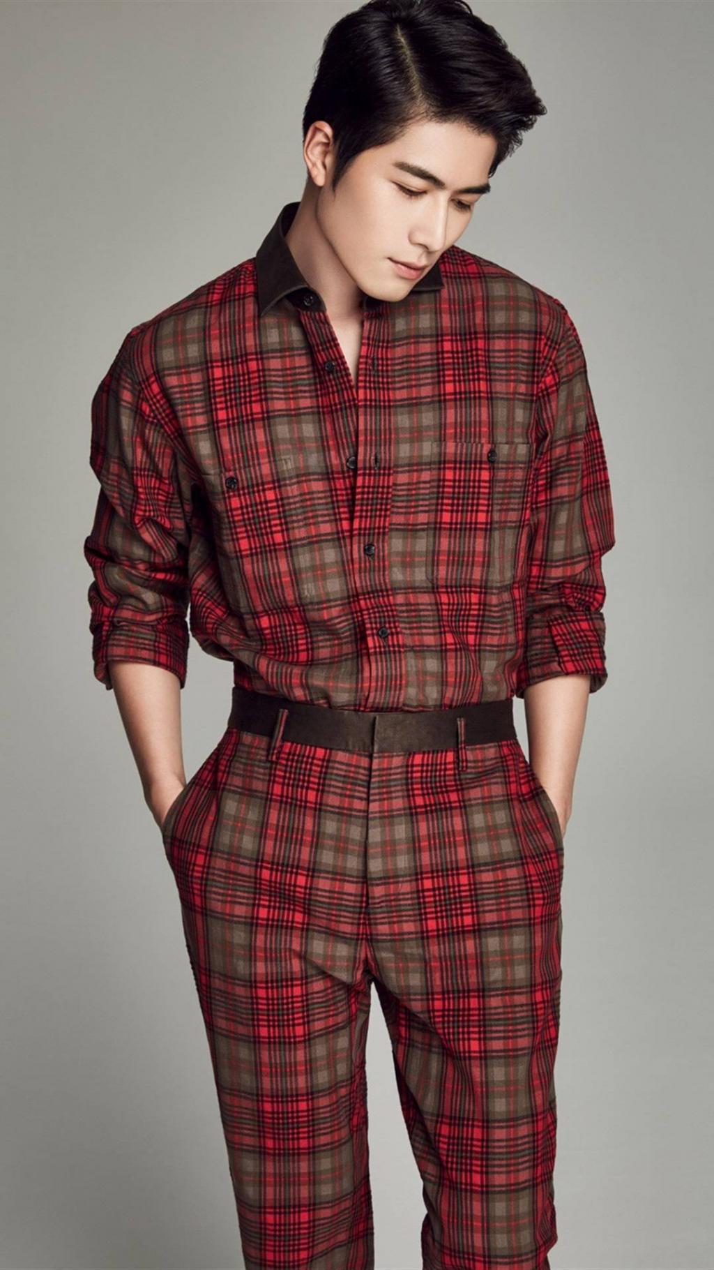 陈学冬红色格子衫写真