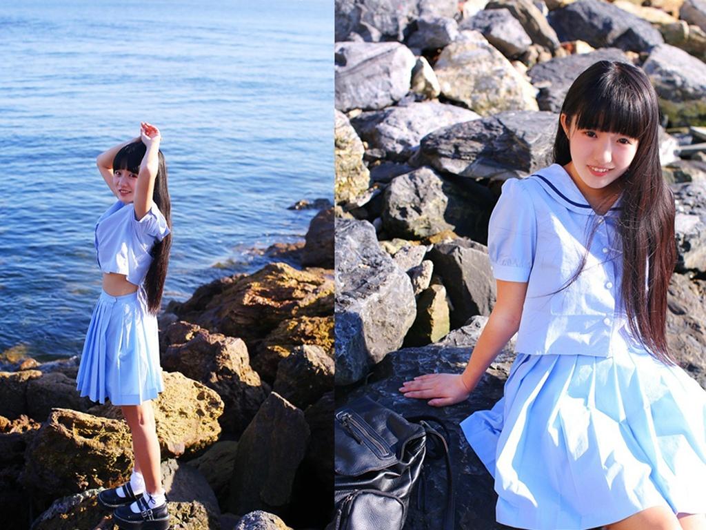大眼萝莉日系水手服海边写真
