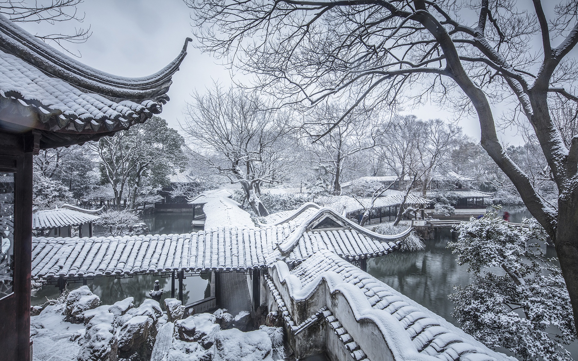 苏州拙政园唯美冬日雪景,高清图片,电脑桌面-壁纸族